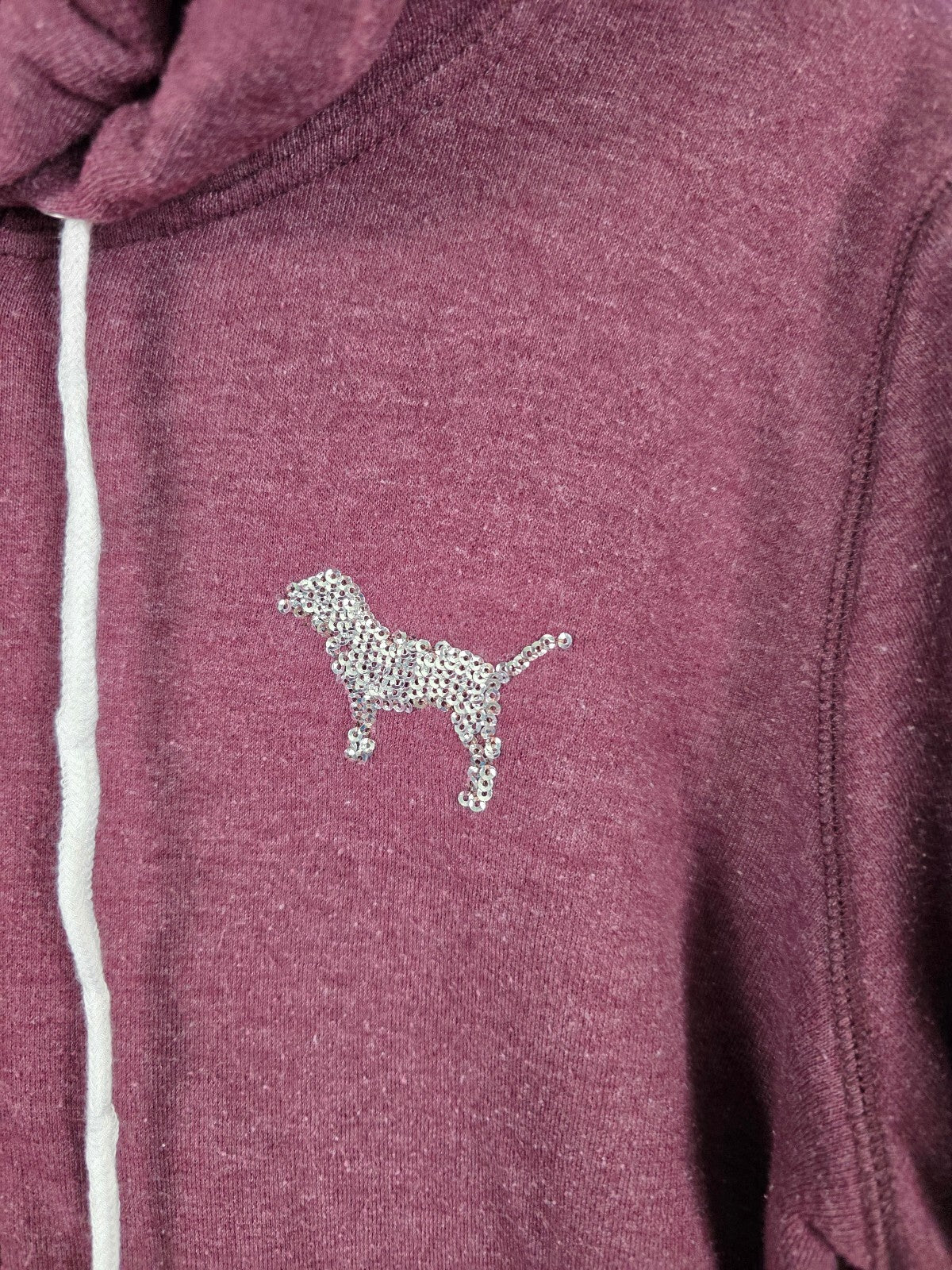 Victorias Secret Pink maroon Full zip Sequined Hoodie Jacket Logo Large