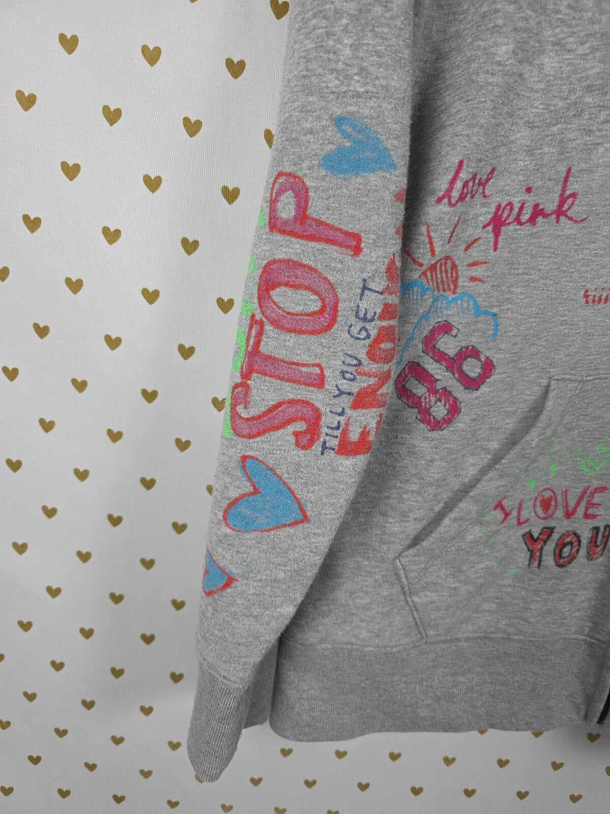 Vintage VS PINK Graffiti Doodle Full Zip Hoodie Gray Y2K Hearts Love M