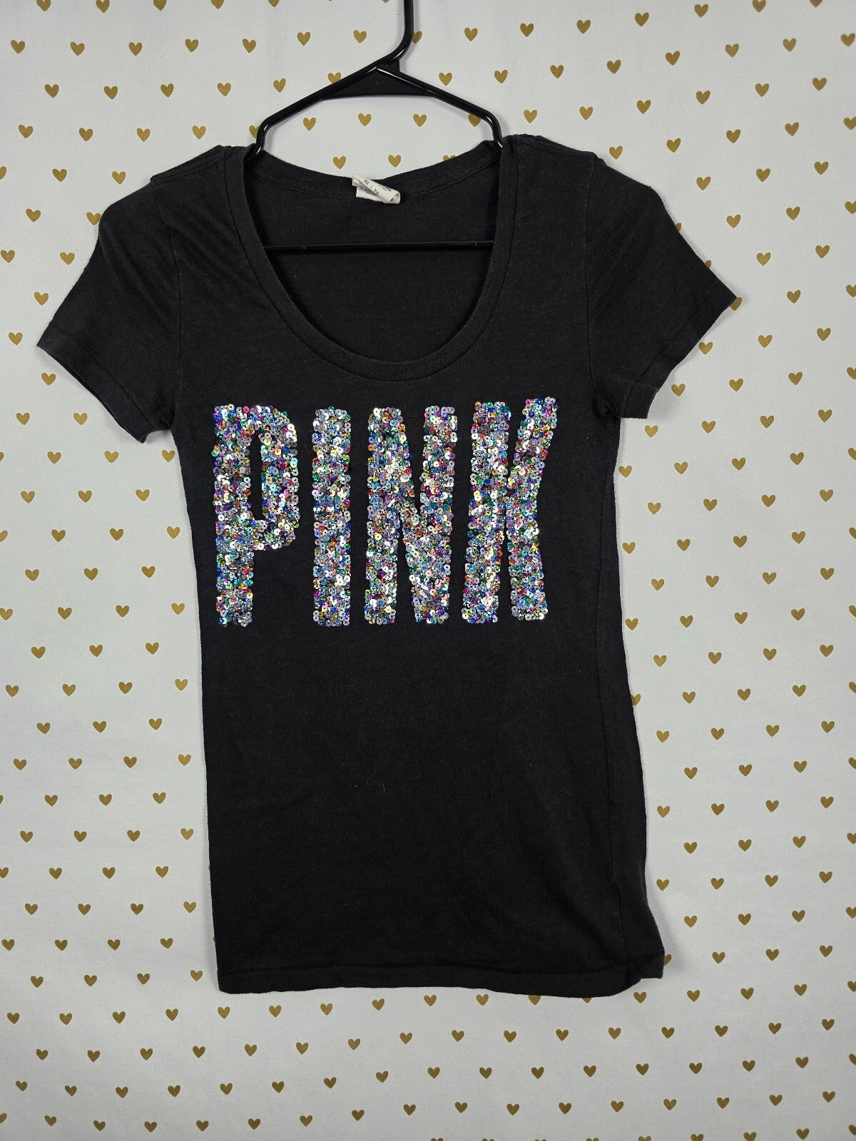 Victorias Secret PINK Black BLING Rainbow Sequined Tee shirt XS
