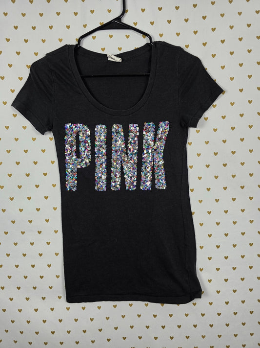 Victorias Secret PINK Black BLING Rainbow Sequined Tee shirt XS