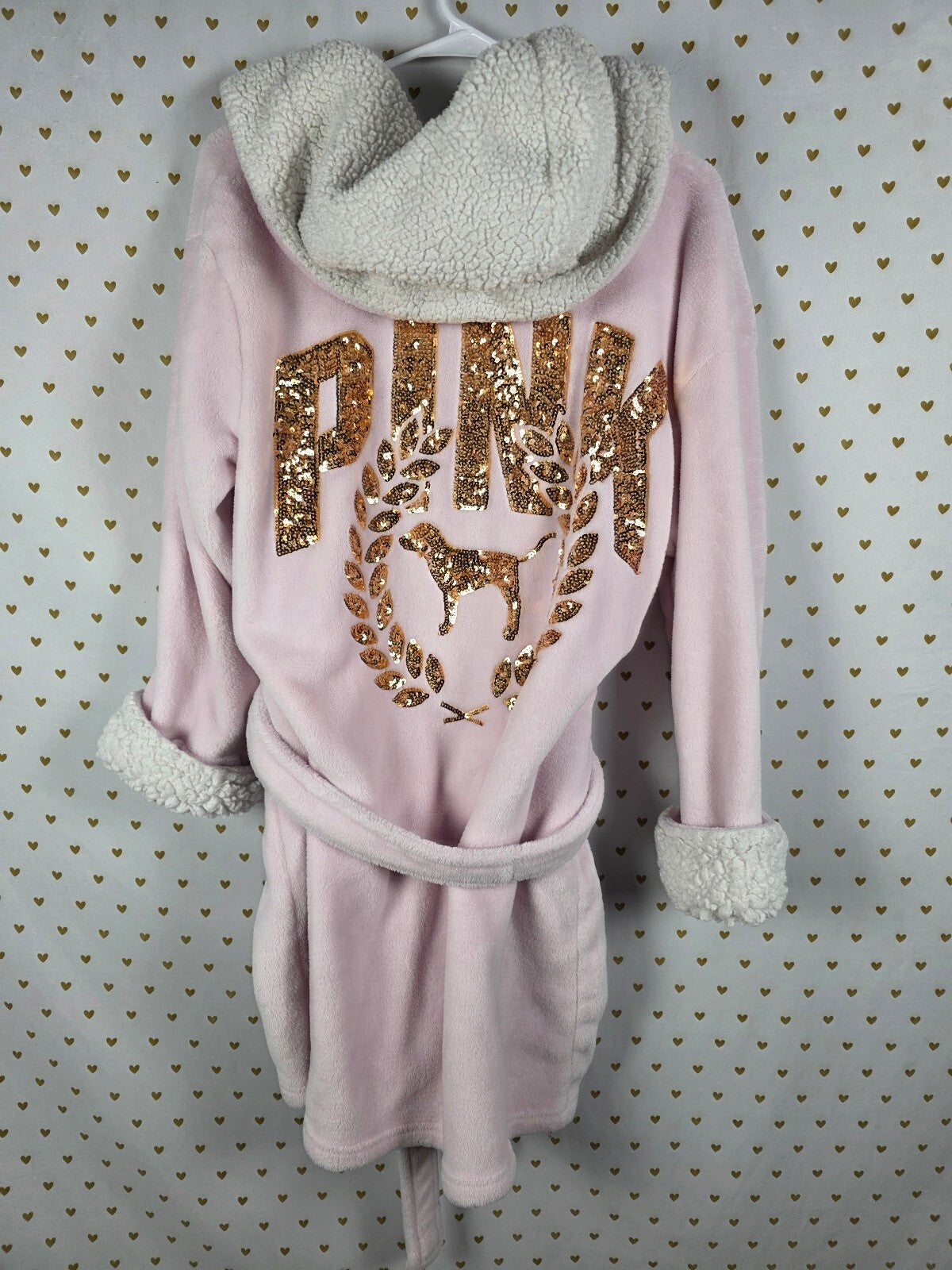Victorias Secret Pink Thick Fluffy Bling Sequined Gold Crest Hooded Robe Med L