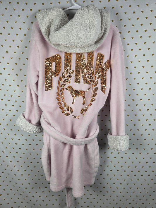 Victorias Secret Pink Thick Fluffy Bling Sequined Gold Crest Hooded Robe Med L