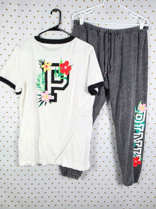 Victorias Secret PINK Vintage Hawaiian Hibiscus Set LARGE Sweats Tee shirt