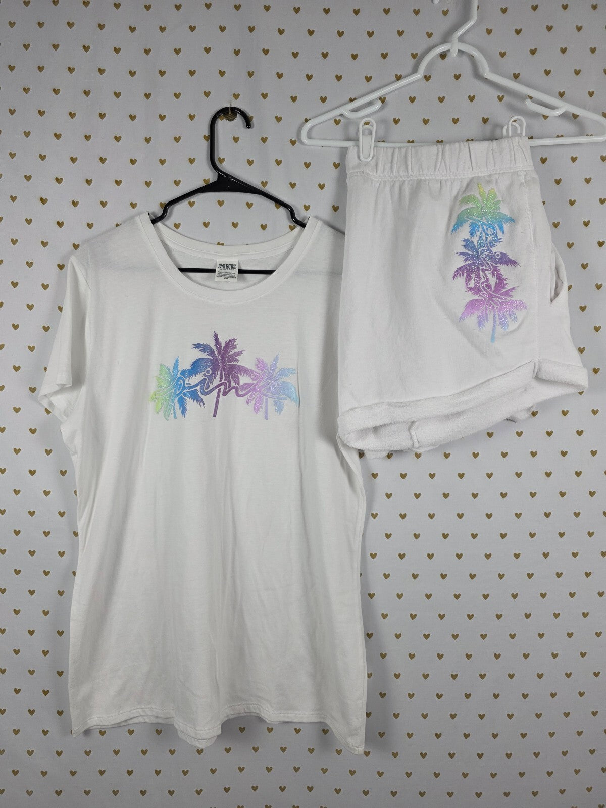 Victorias Secret PINK Glitter Bling Palm XL White Tee shirt Sweat Shorts SET