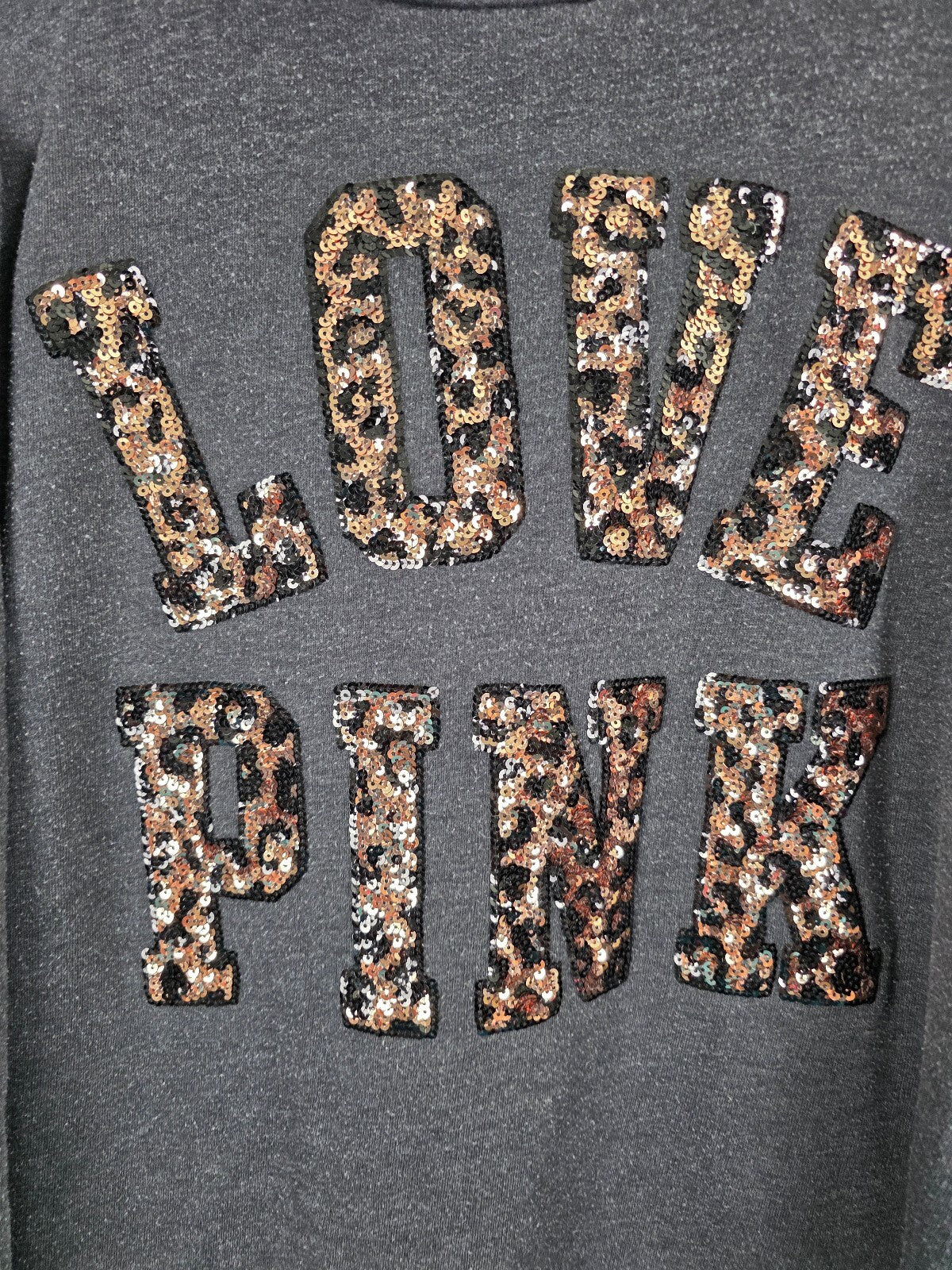 Victorias Secret Pink Leopard Cheetah Sequined Bling Quarter Zip Sweater Grey L