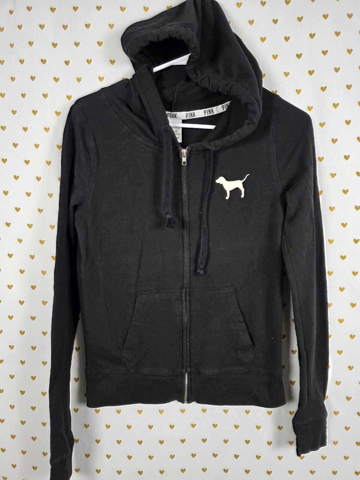 Victorias Secret Pink XS Black Full Zip Hooded Jacket Hawaiian Logo