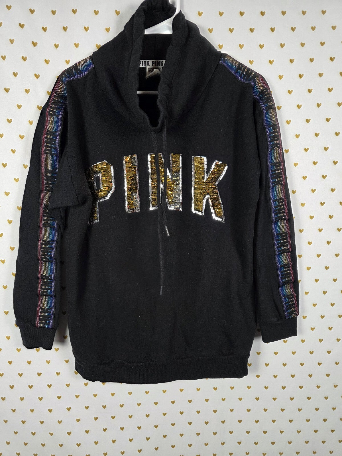 Victorias Secret Pink Rainbow Bling Flip Logo Slouchy Sweater Shirt SMALL