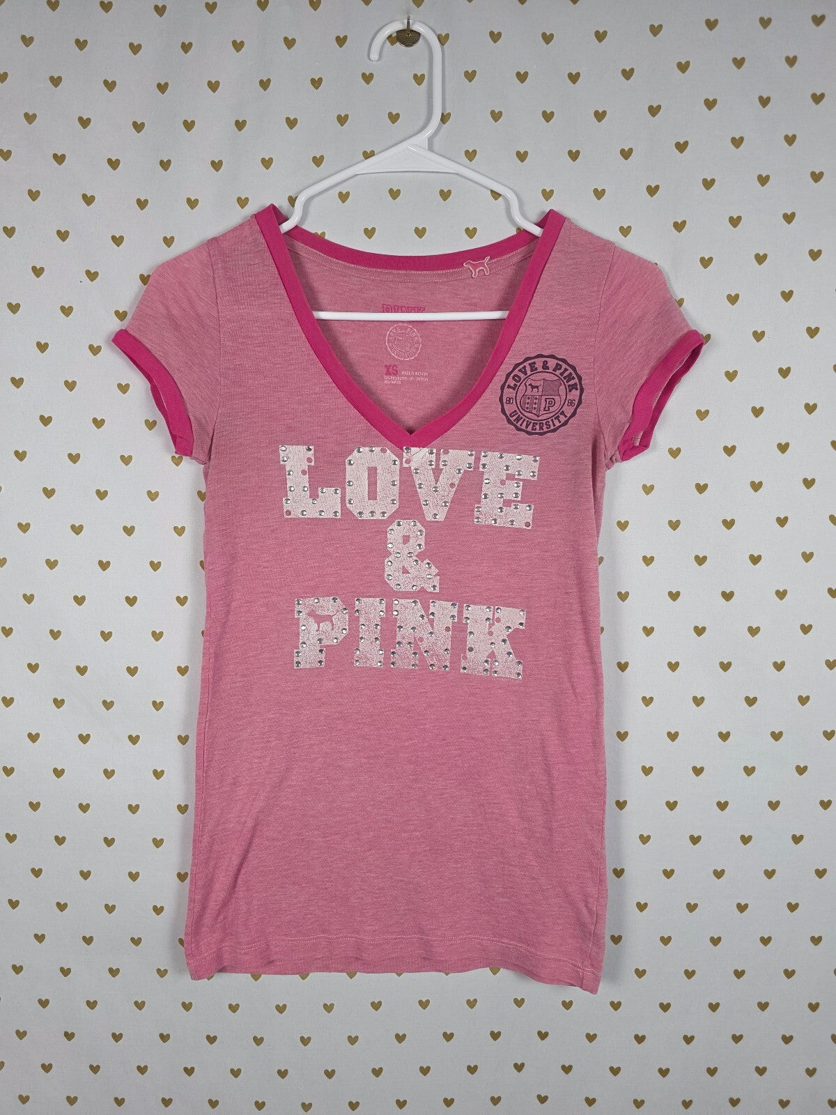 Victorias Secret PINK Vintage Bling Studded Y2k V neck Tee shirt XS