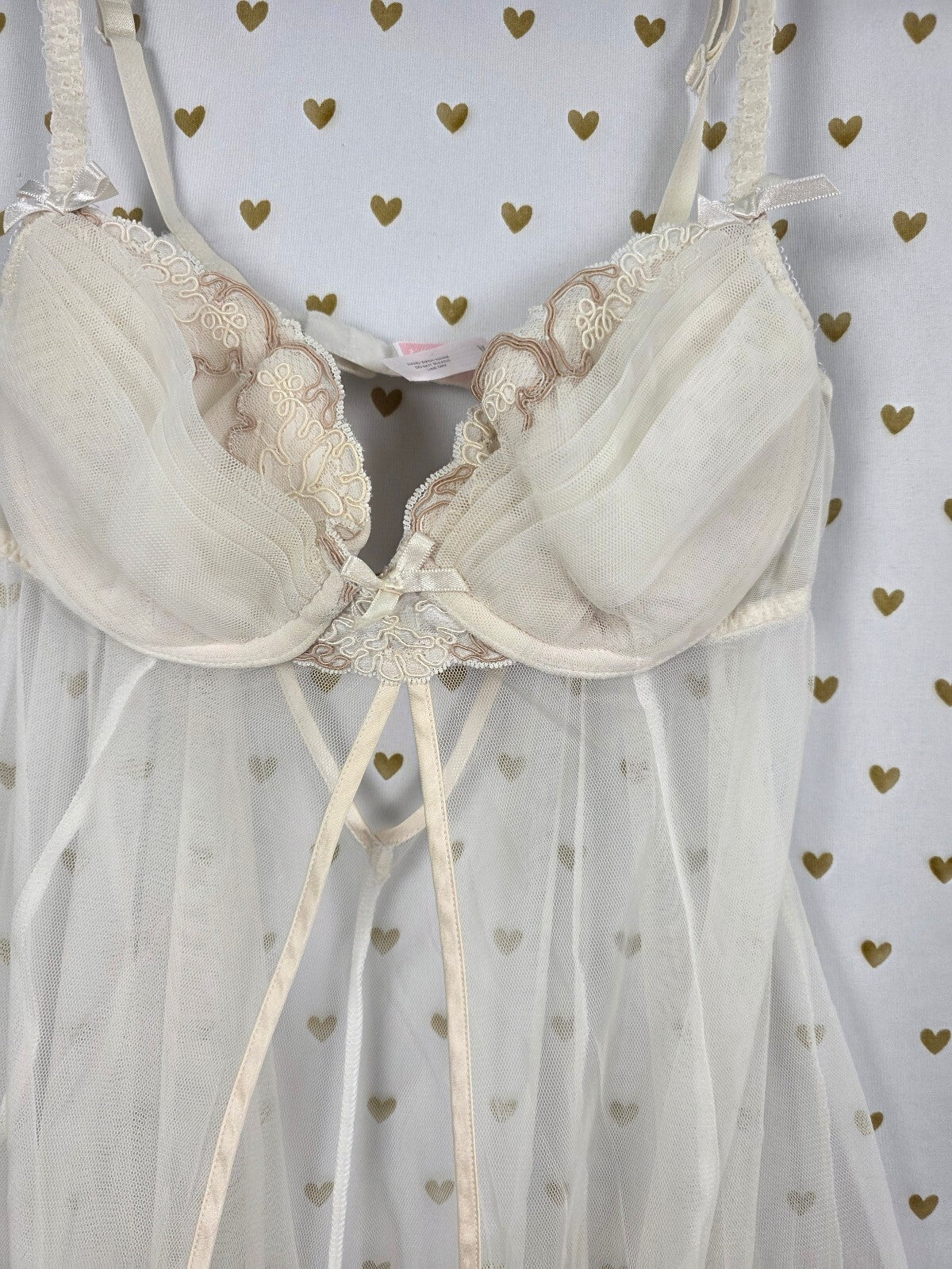 Victoria's Secret 34B 2007 Ivory Sheer Mesh Lace Babydoll Lingerie Y2K