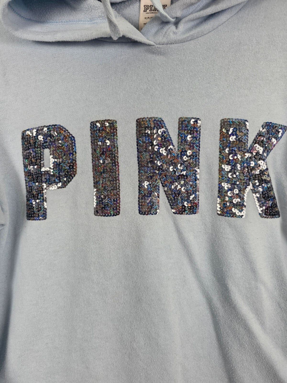 Victorias Secret Pink Bling Blue Sequined Hooded Sweater Shirt Small