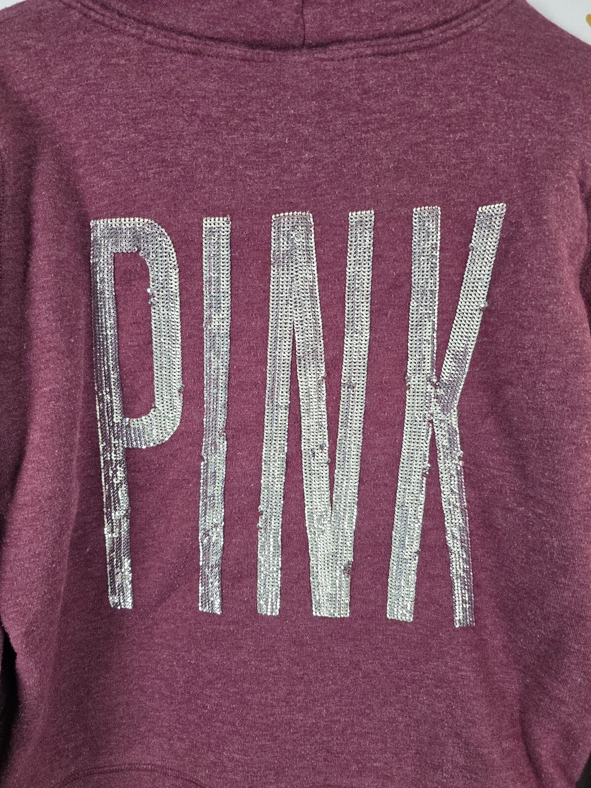 Victorias Secret Pink maroon Full zip Sequined Hoodie Jacket Logo Large