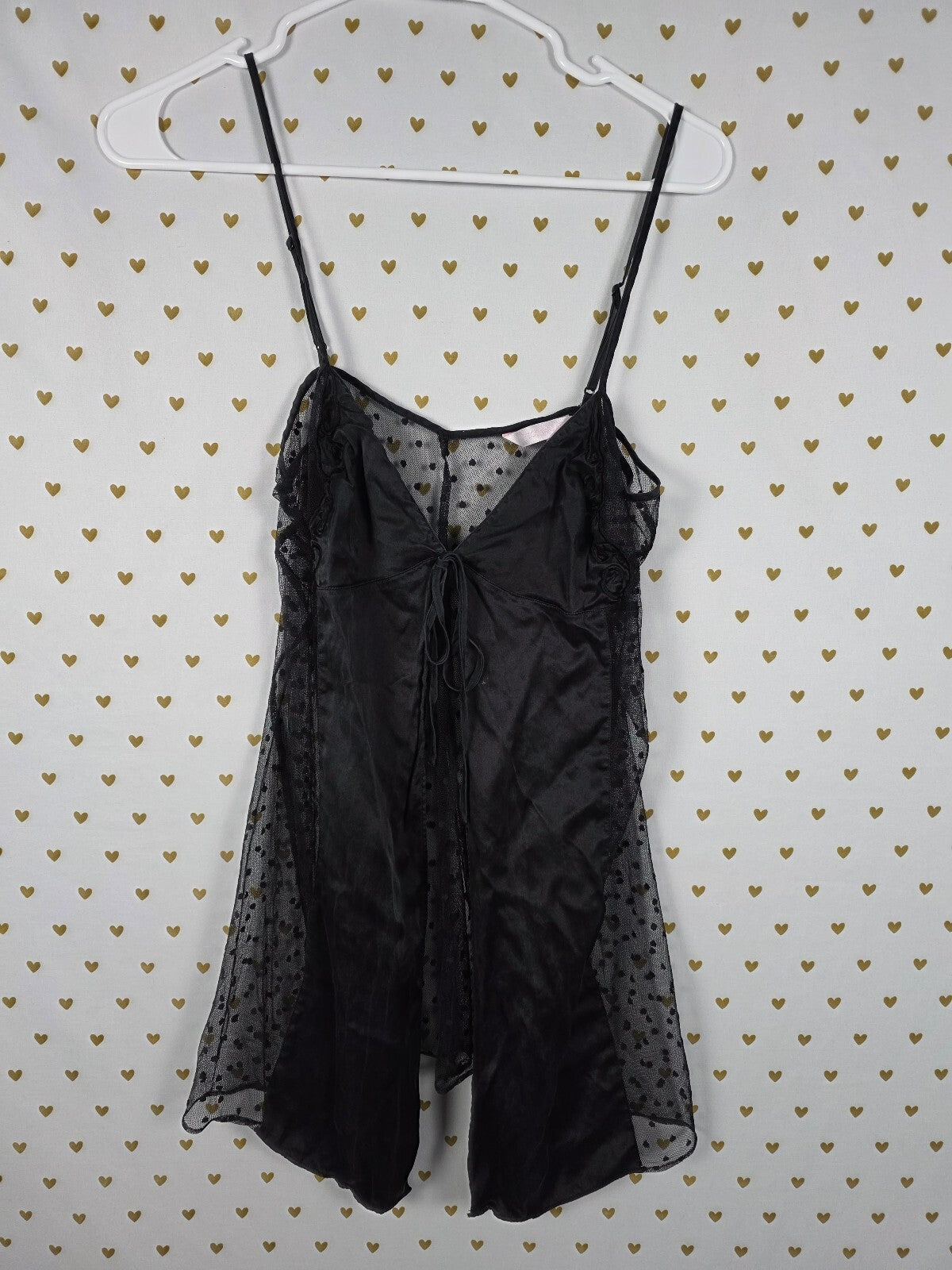 Victorias Secret Vintage 100% SILK Babydoll Polkadot Tie Front NIghtie LARGE