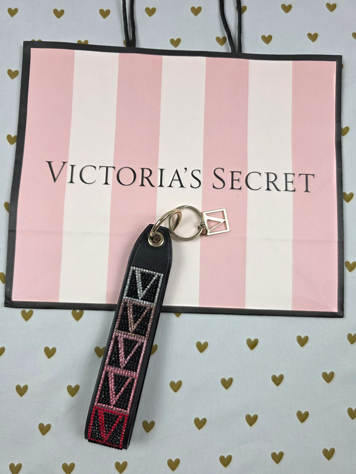 Victoria Secret BLING wristlet strap keychain Handle Rhinestone V logo