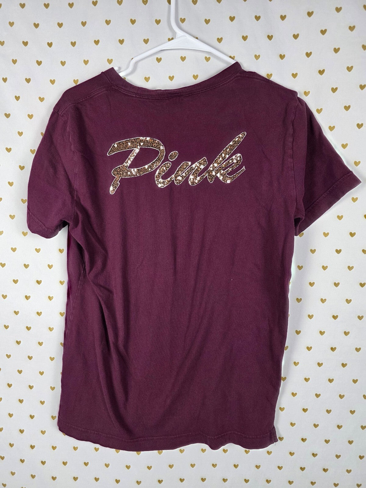 Victorias Secret PINK Gold BLING Sequined Tee Shirt Maroon XS