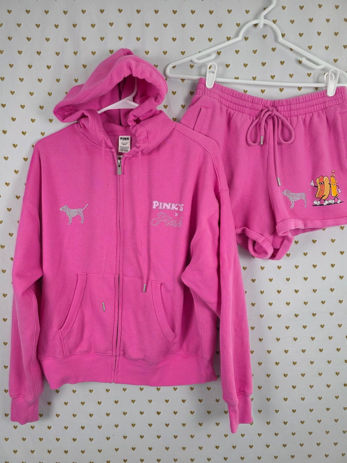 Victoria's Secret PINK Love Pink Hot Dog Rhinestone Zip Hoodie Shorts Set XS/S