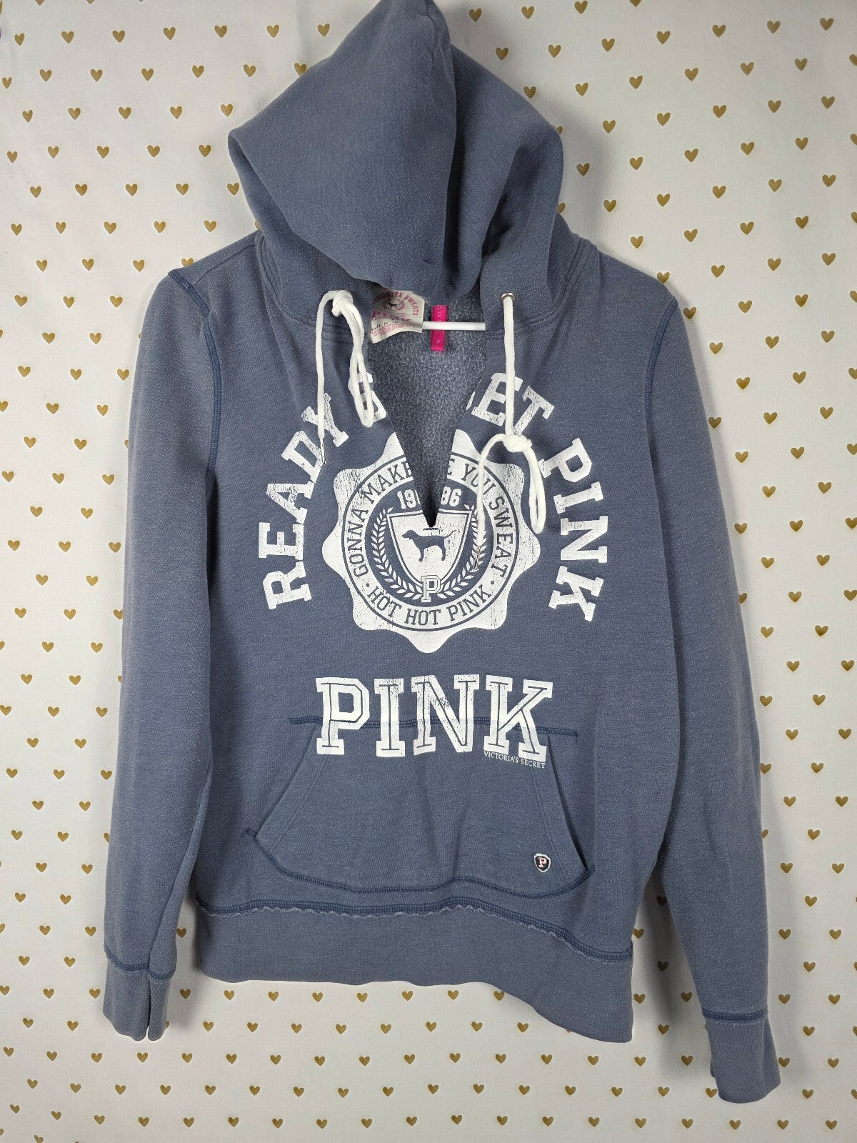 Victorias Secret Pink READY SET V neck Pullover Hoodie Vintage Y2k MEDIUM