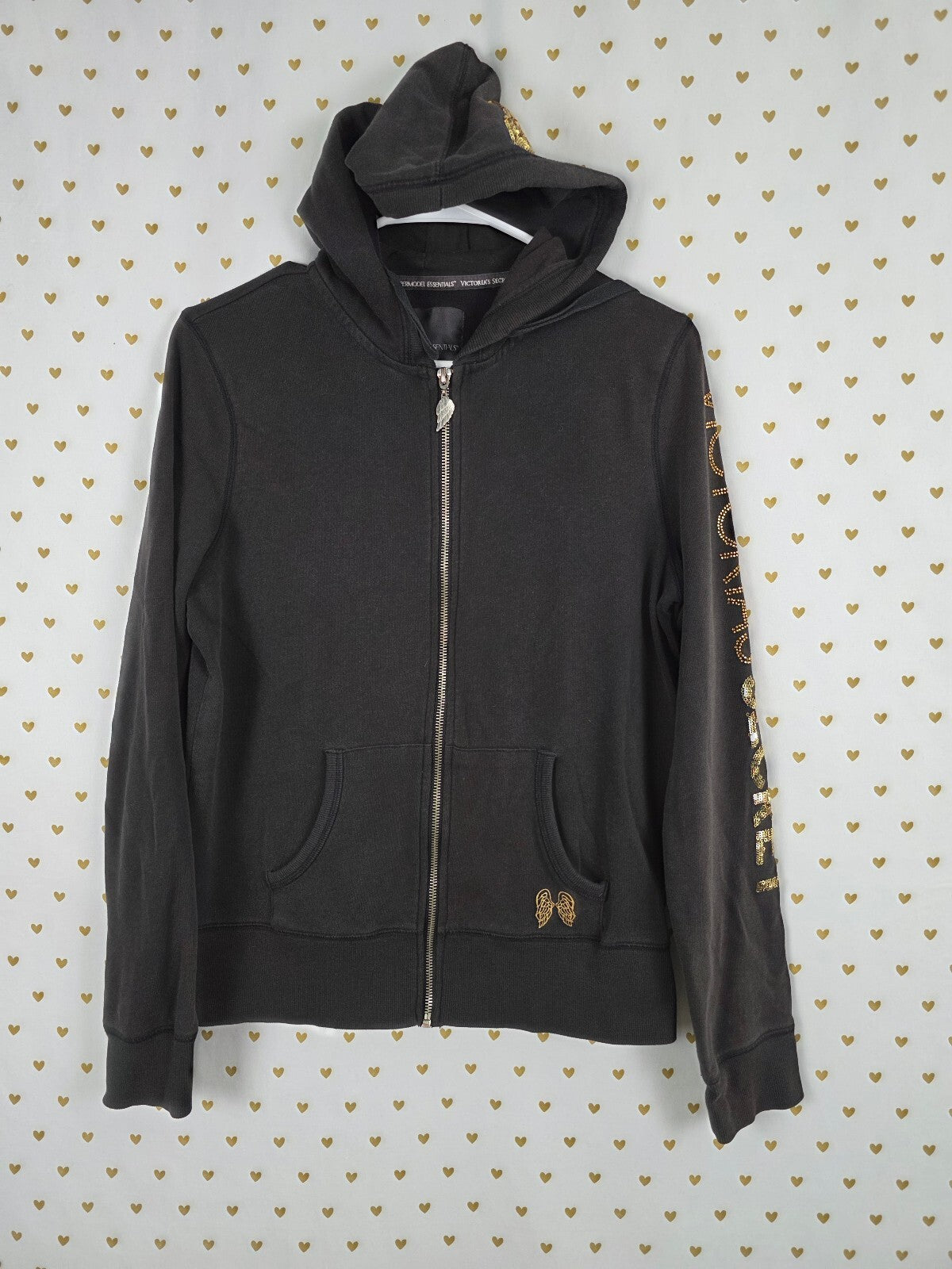 Victorias Secret Angels Gold Bling Sequined Logo Full ZIp Hoodie jacket Large