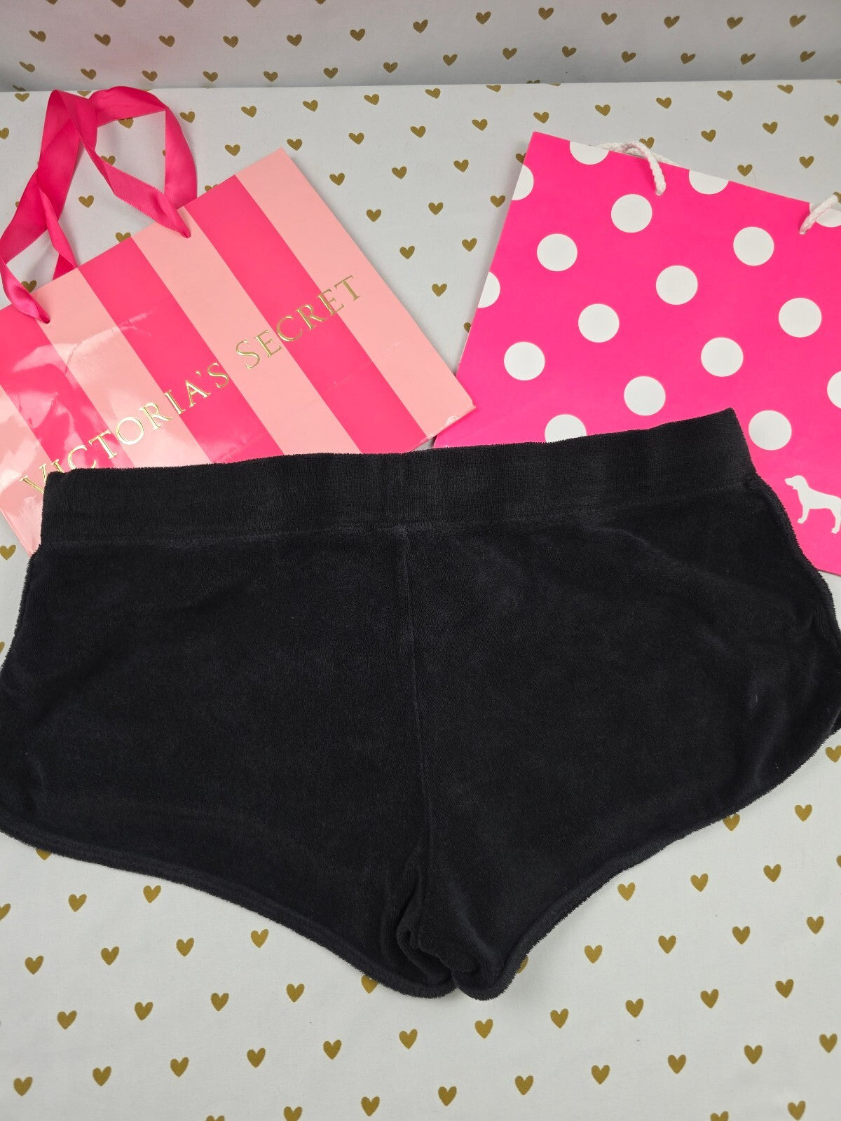 Victorias Secret PINK Velour Vintage Bling Logo Sequined Shorts Medium Black
