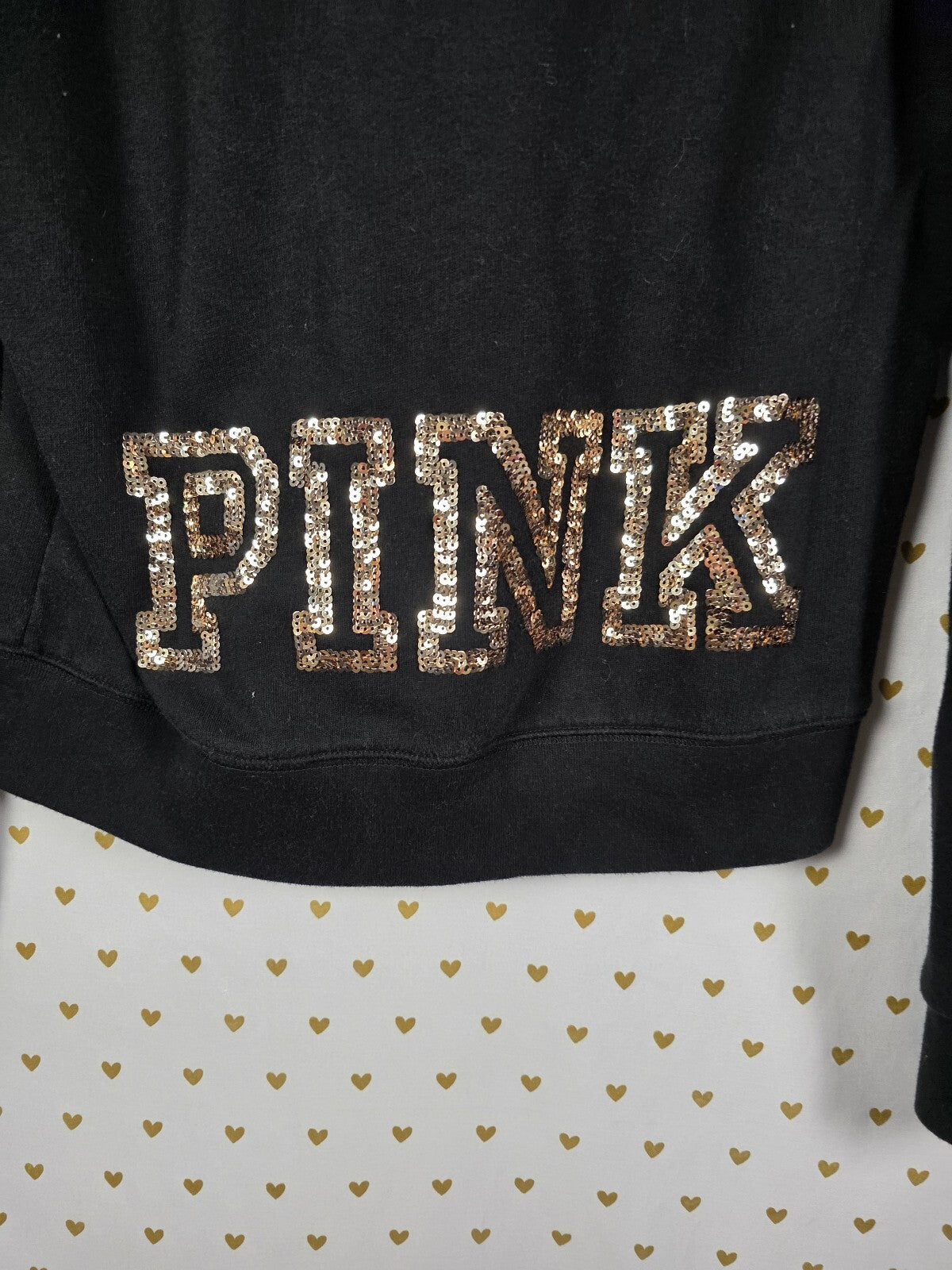 Victoria's Secret PINK Limited Edition BLING Sequin Zip Hoodie Black Gold L