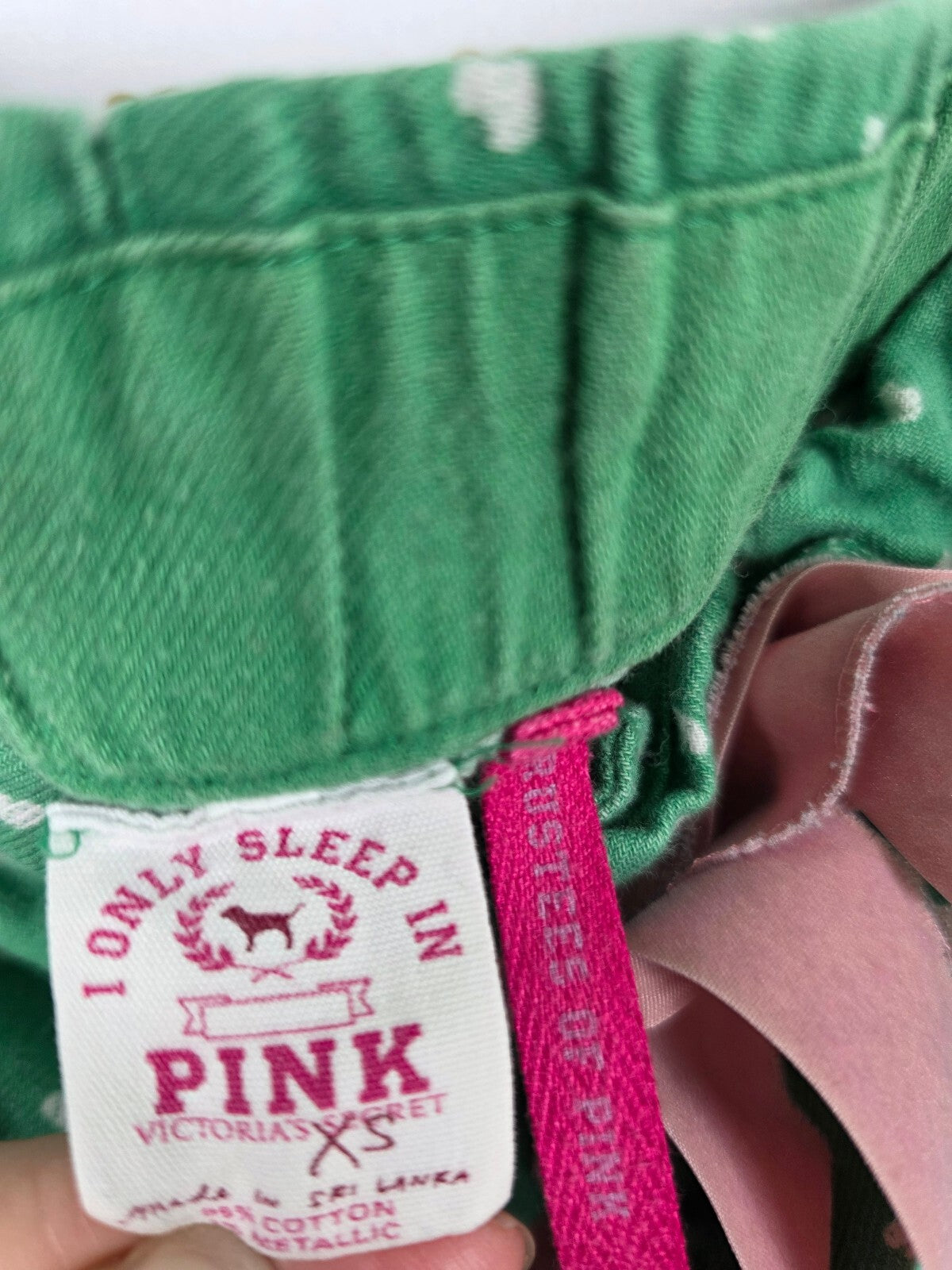 Vintage PINK Victoria's Secret Heart Print Lounge Sleep Pants Green Pink Logo XS