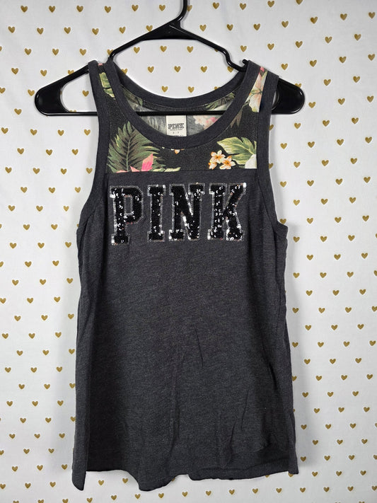 Victorias Secret PINK BLING hawaiian Black Sequined Tank Top Muscle Tee SMALL