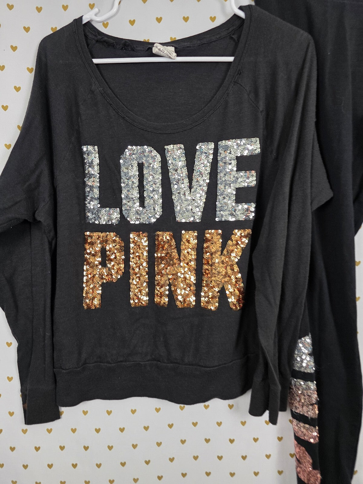 Victorias Secret PINK Bling Logo Slouchy Tee Shirt Sequined Yoga Pants SET Large