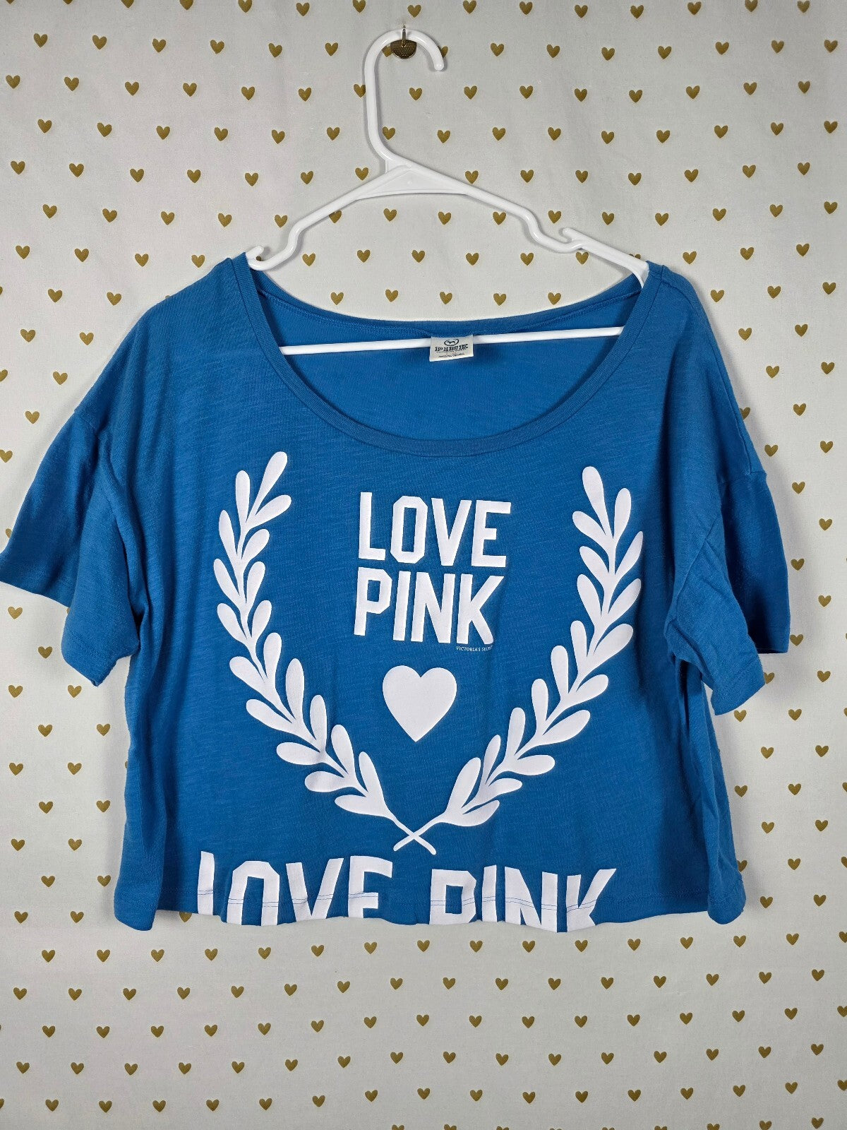Victorias Secret PINK Cropped Vintage Y2k LOVE Logo Large Blue Tee shirt