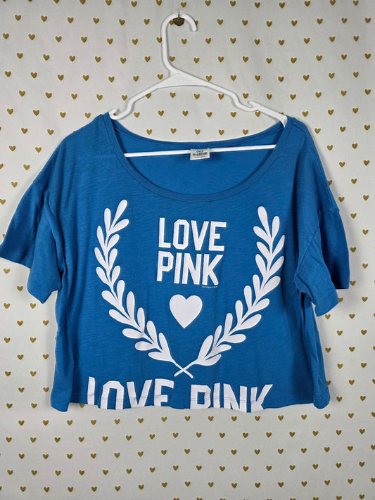 Victorias Secret PINK Cropped Vintage Y2k LOVE Logo Large Blue Tee shirt