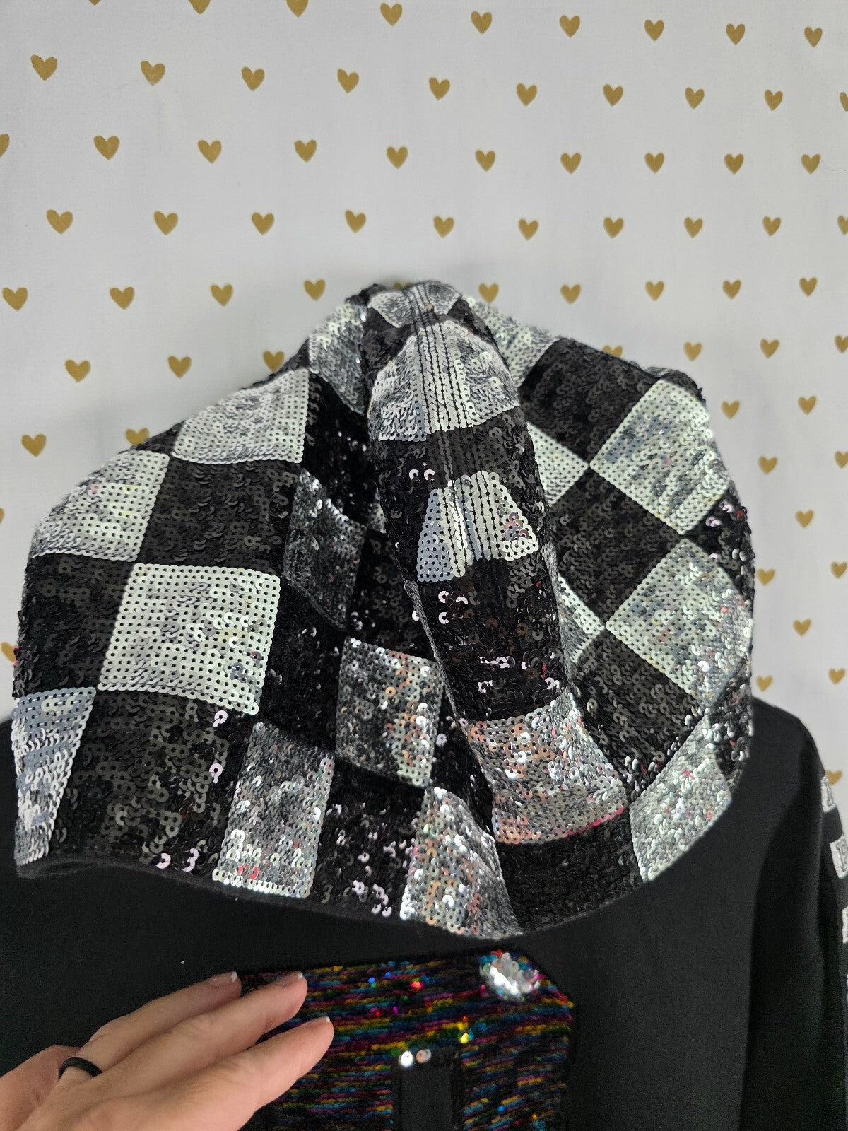 RARE Victoria's Secret PINK MEGA BLING Sequin Checkerboard Hoodie Dog M Rainbow