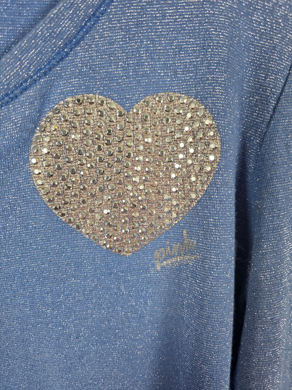 Victoria's Secret PINK Blue Metallic Sparkle Rhinestone Heart Henley Top L