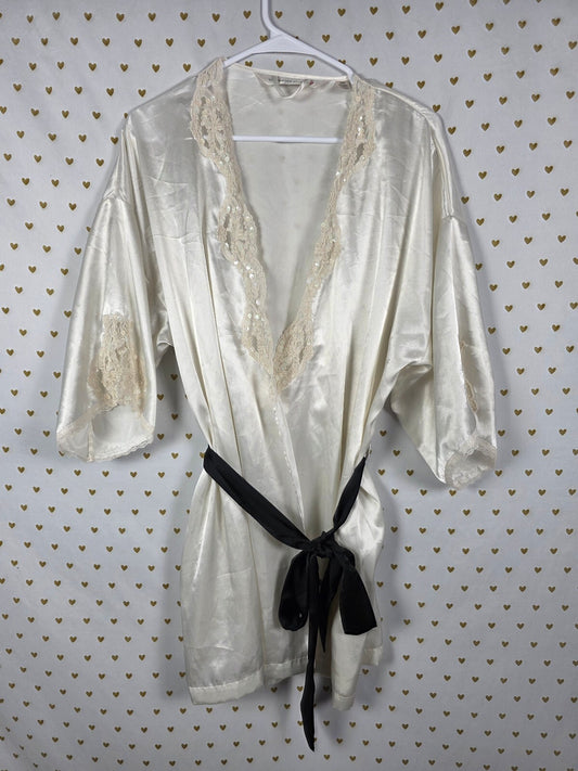 Victorias Secret Satin Silky Robe White VINTAGE Heart Label embellished SEQUIN