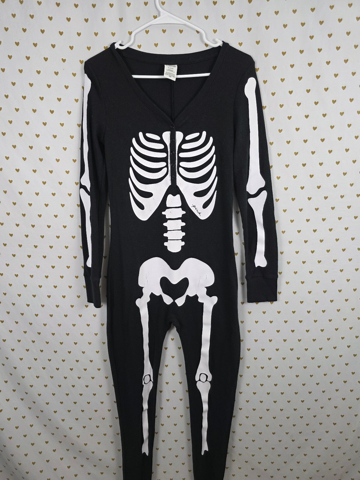 Victoria's Secret PINK Skeleton Thermal Union Suit One Piece Pajamas Black Med
