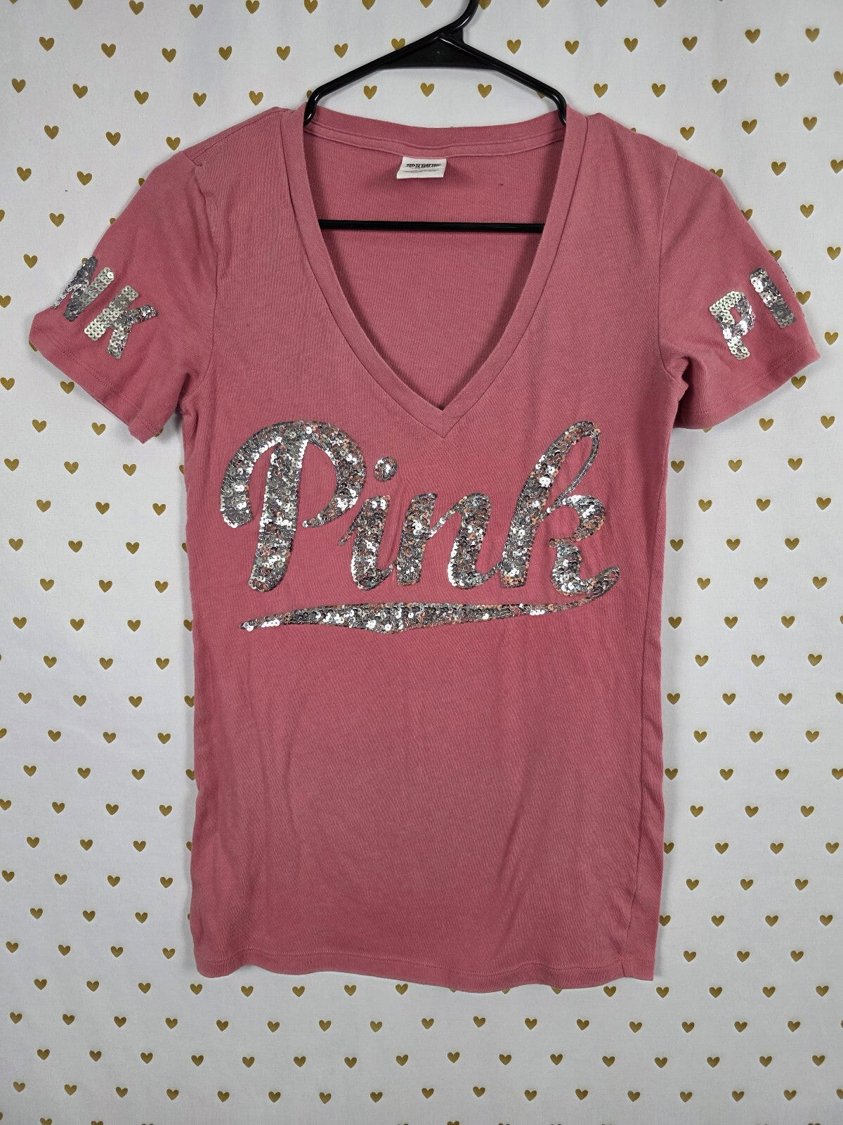 Victorias Secret PINK V neck Sequined Bling Tee shirt Small