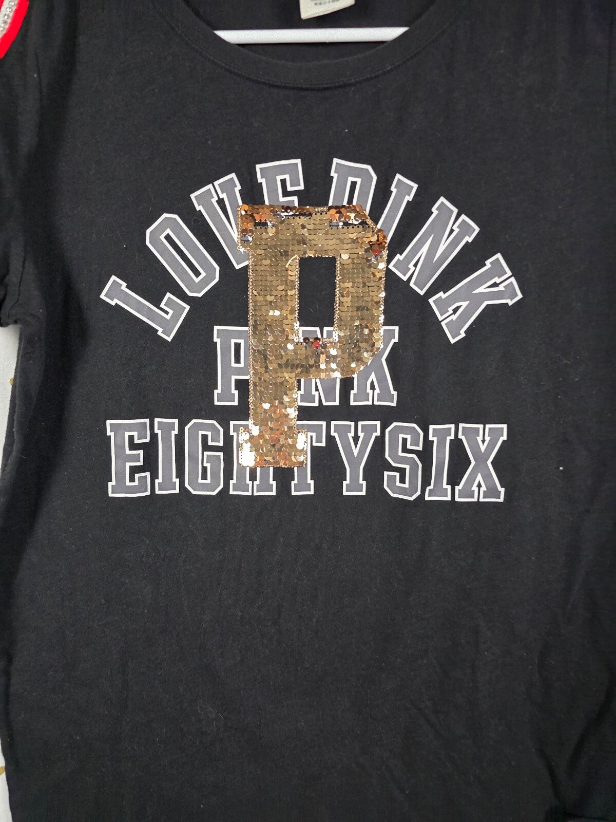 Victorias Secret PINK Bling Logo Gold Sequined tee shirt 86 Large