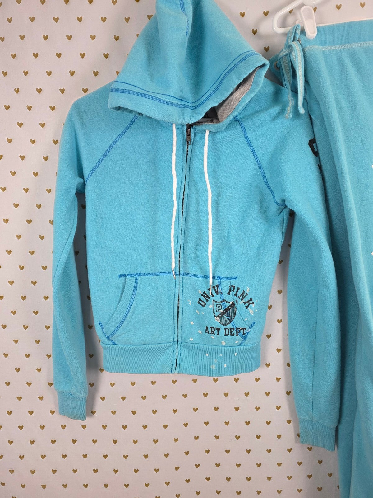 Vintage VS PINK Art Dept Hoodie Sweatpants Set XS Aqua Paint Splatter 1986