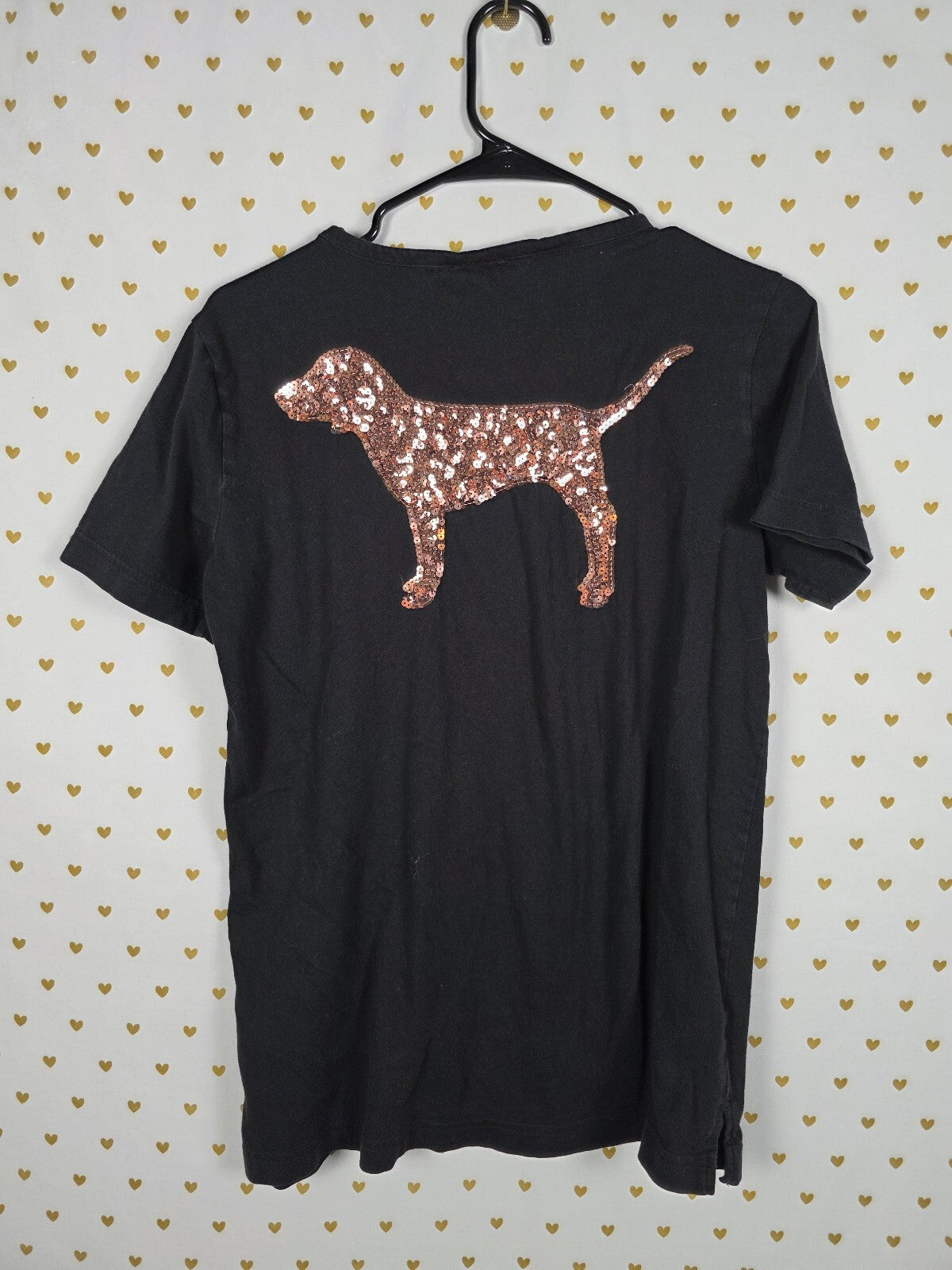Victorias Secret PINK Bling Cross front Gold sequin Dog Logo Tee Shirt XS