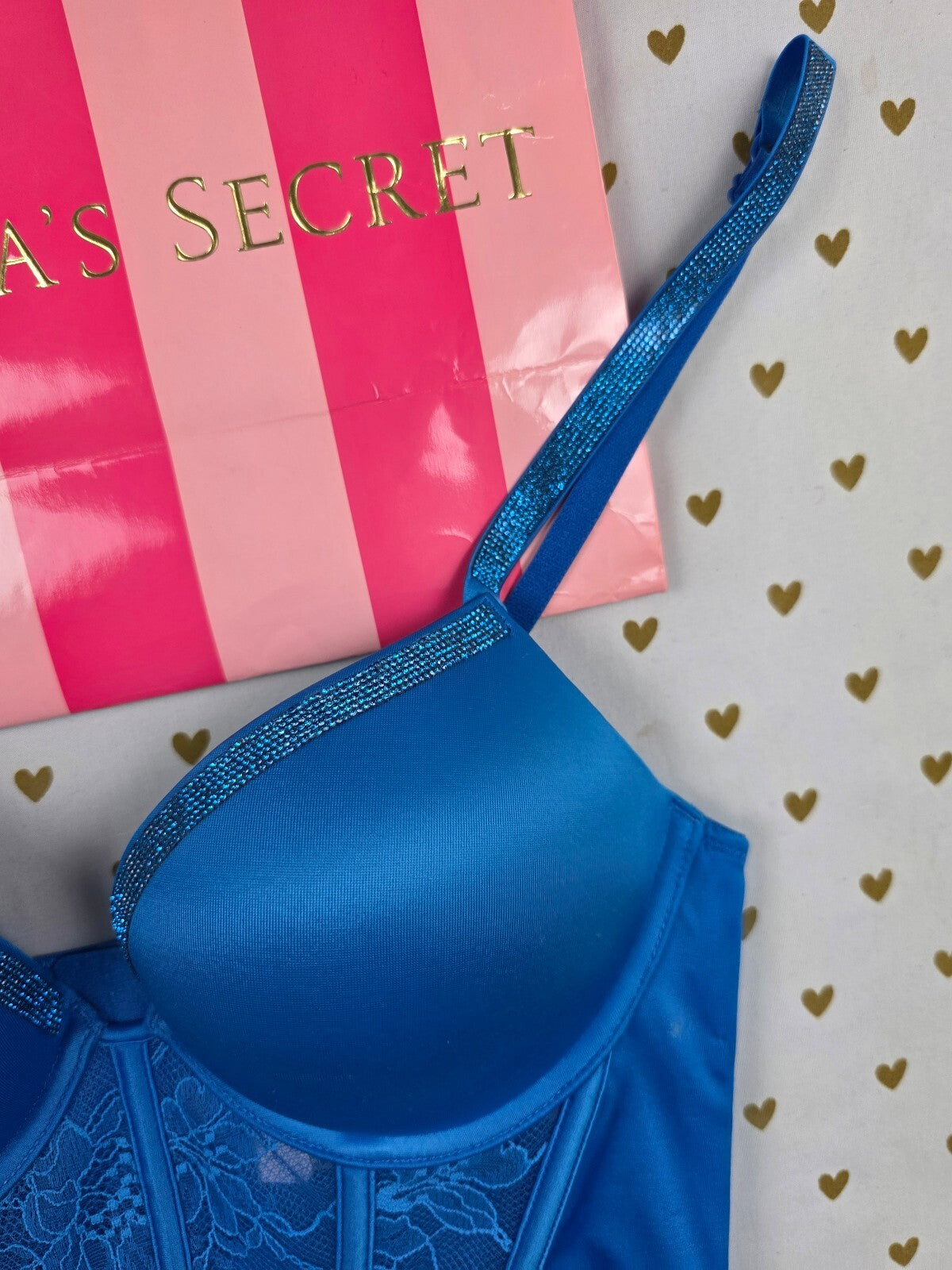 Victoria's Secret Bombshell Push Up Corset Bustier 34B Blue Rhinestone BLING