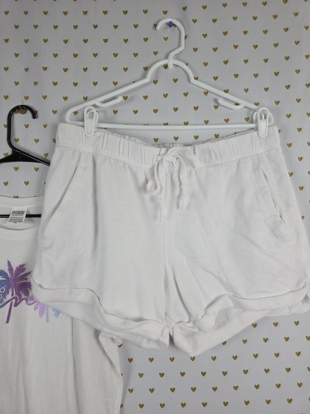 Victorias Secret PINK Glitter Bling Palm XL White Tee shirt Sweat Shorts SET