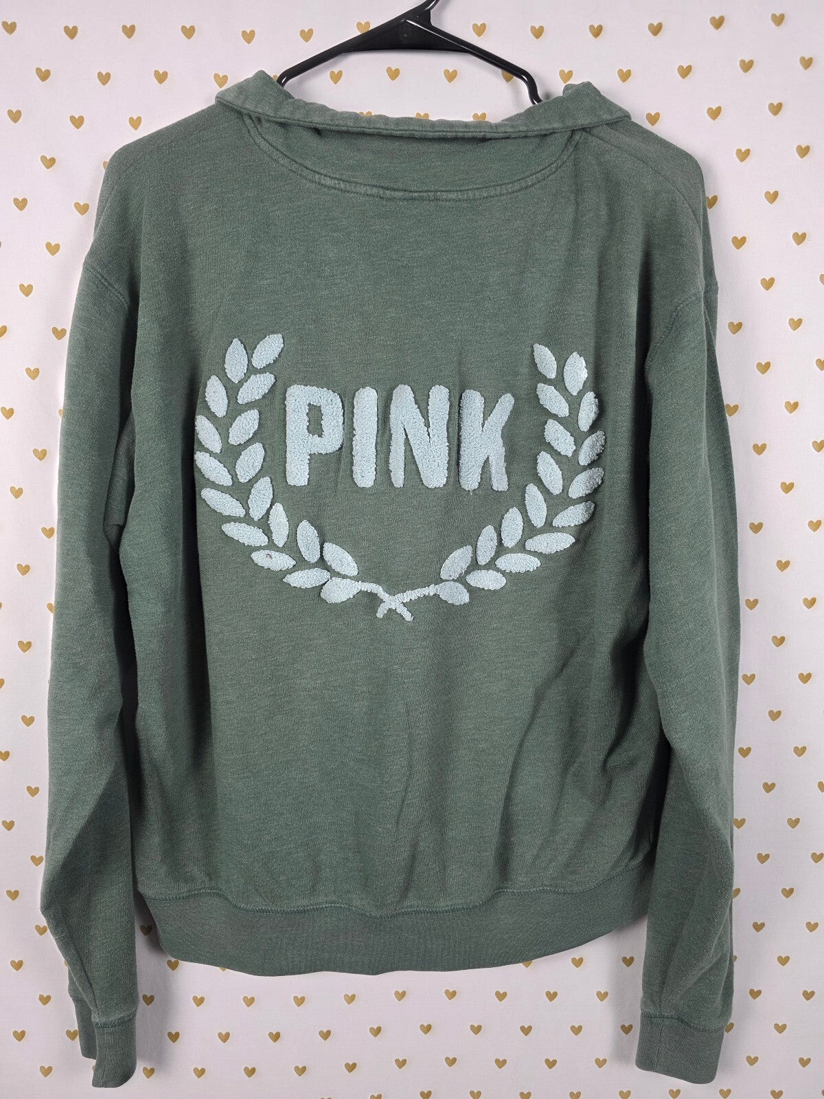 Victorias Secret Pink Embroidered Crest Logo Quarter zip sweater Green MEDIUM