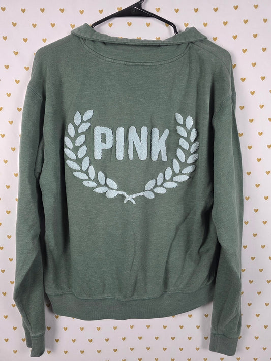 Victorias Secret Pink Embroidered Crest Logo Quarter zip sweater Green MEDIUM