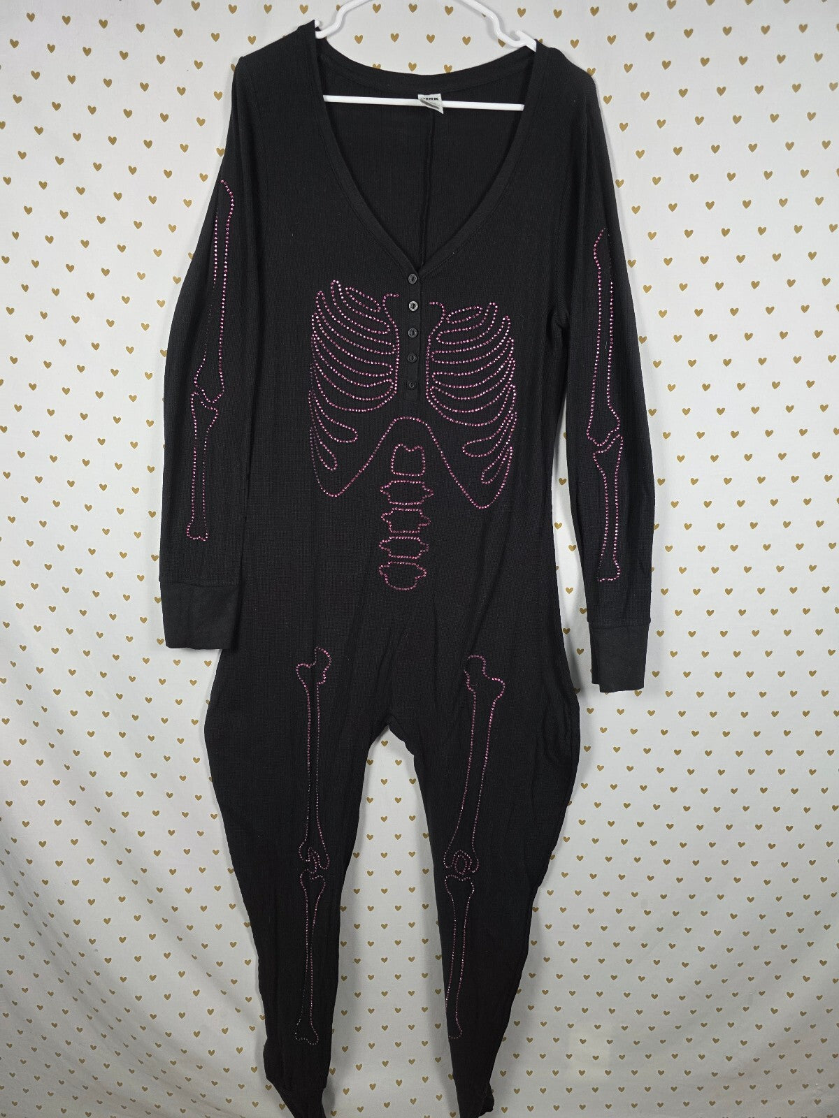 VS PINK Skeleton Rhinestone BLING Thermal Onesie XL Halloween Black Costume