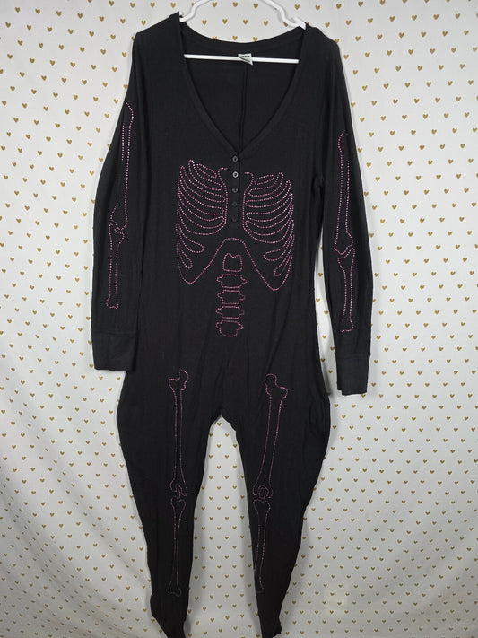 VS PINK Skeleton Rhinestone BLING Thermal Onesie XL Halloween Black Costume