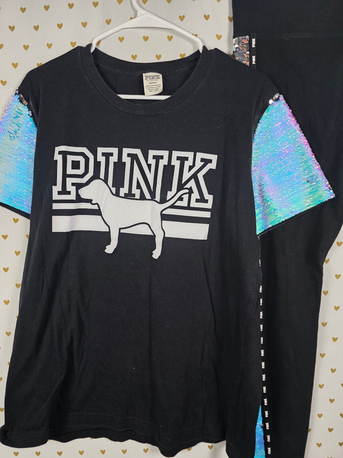 Victorias Secret PINK Mermaid Flip Bling Logo Shirt Yoga Pants HTF SET MEDIUM