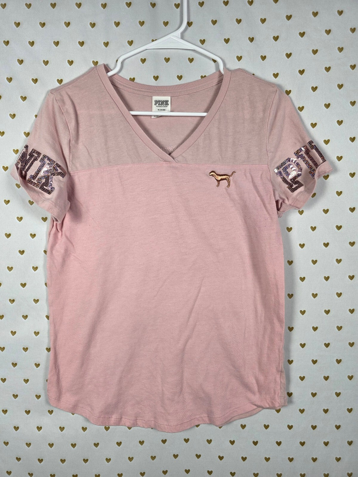 Victorias Secret PINK Dog Logo BLING SEQUIN Short Sleeve Tee Shirt V Neck MED