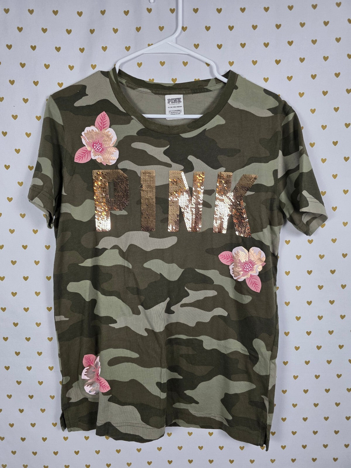 Victorias Secret PINK Gold Bling Camo Camouflage Tee shirt Floral XS