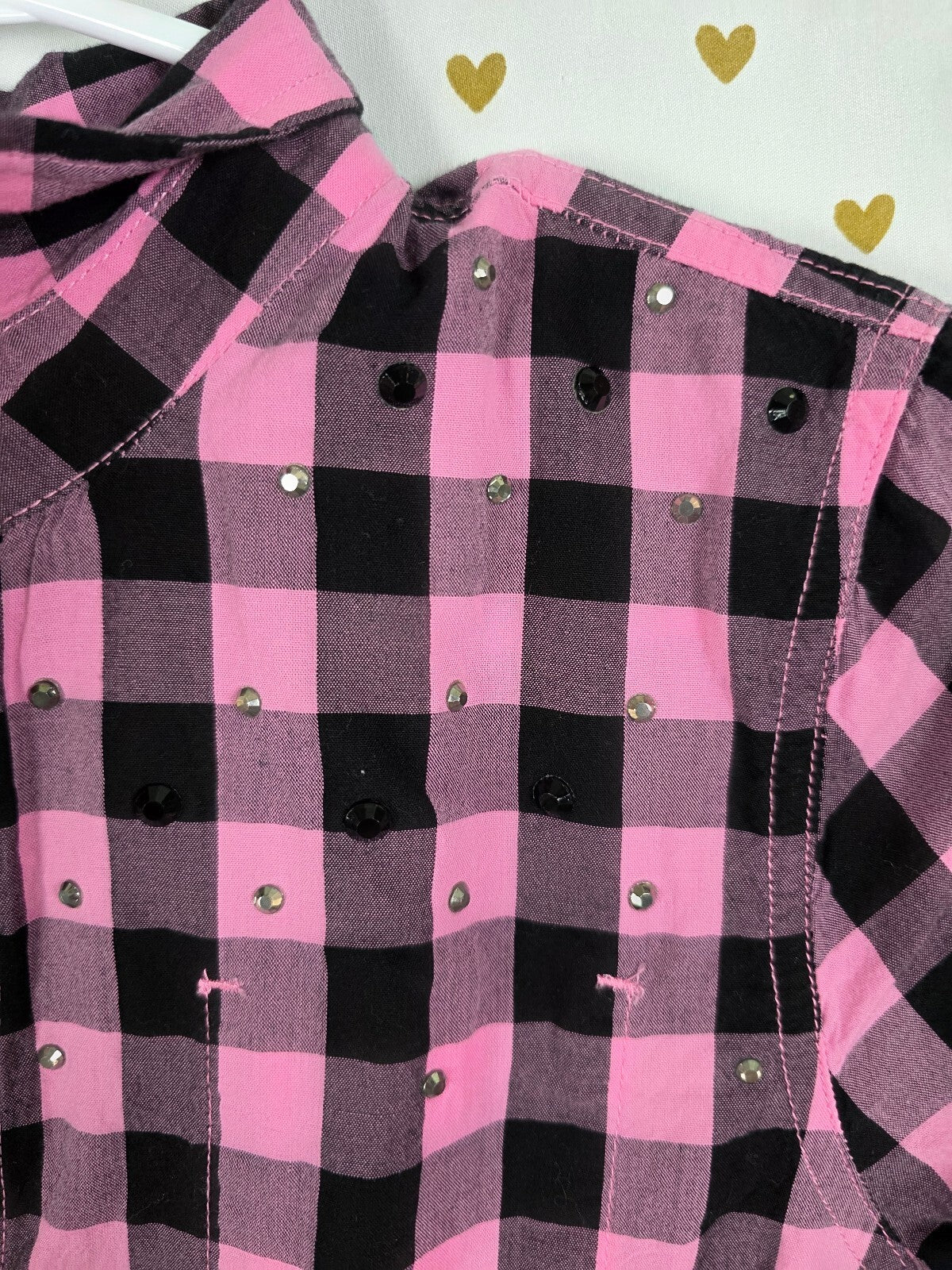 Victoria's Secret PINK Plaid Ruffle Shirt Dress S/P Pink Black BLING Rhinestone