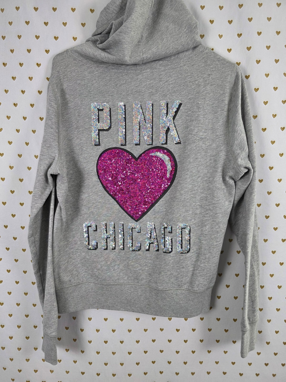 Victorias Secret Pink CHICAGO Bling Heart Sequined Full Zip Hoodie Jacket LARGE