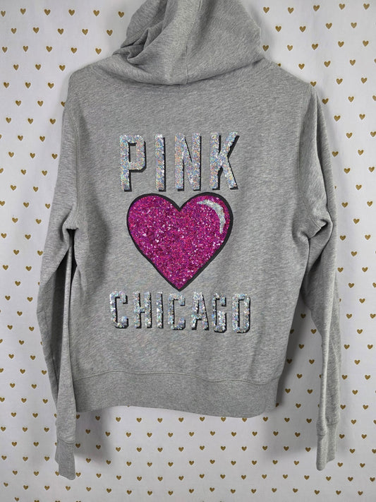 Victorias Secret Pink CHICAGO Bling Heart Sequined Full Zip Hoodie Jacket LARGE