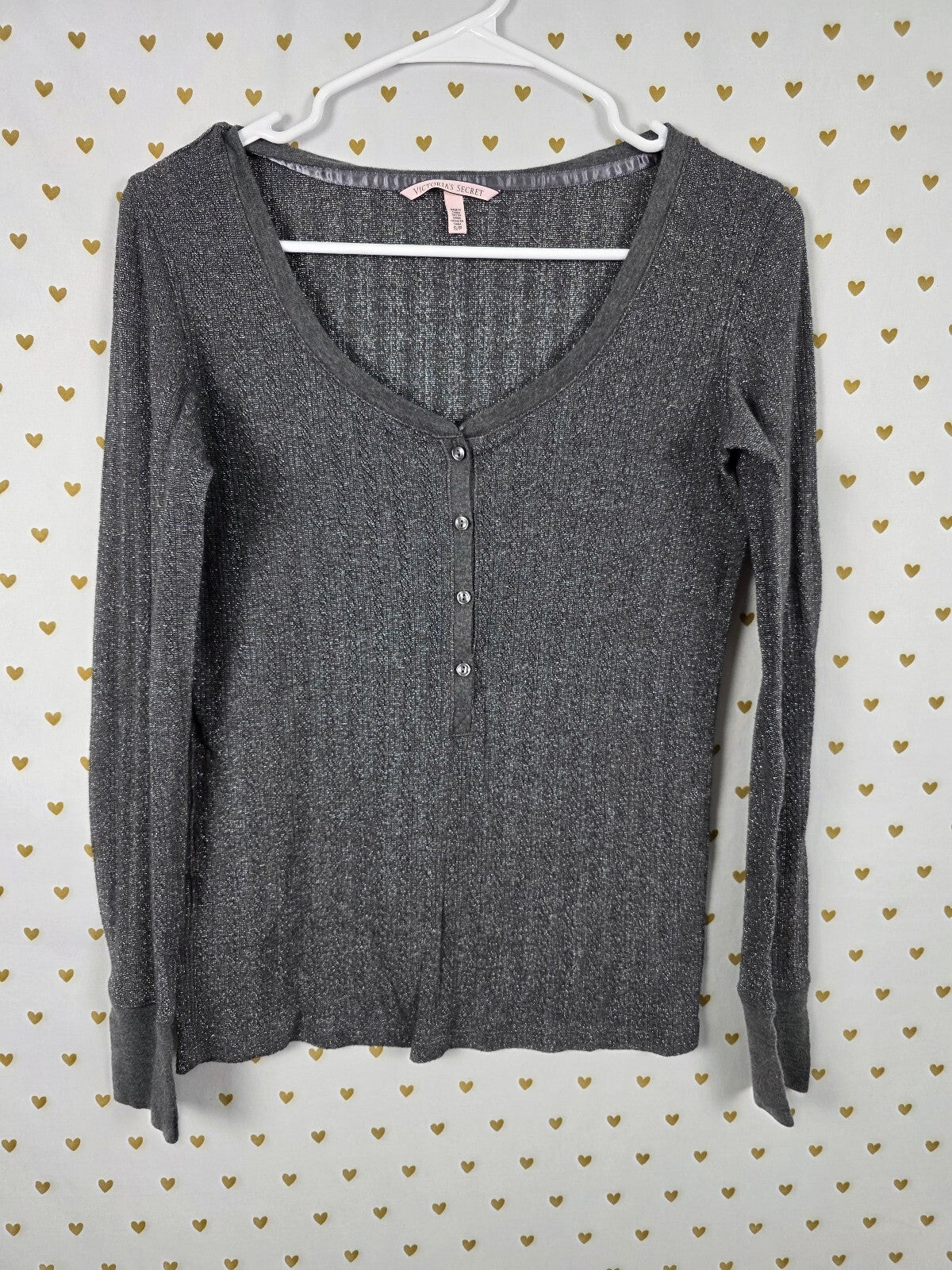 Victorias Secret Grey Shimmer HENLEY Long sleeve Small Shirt