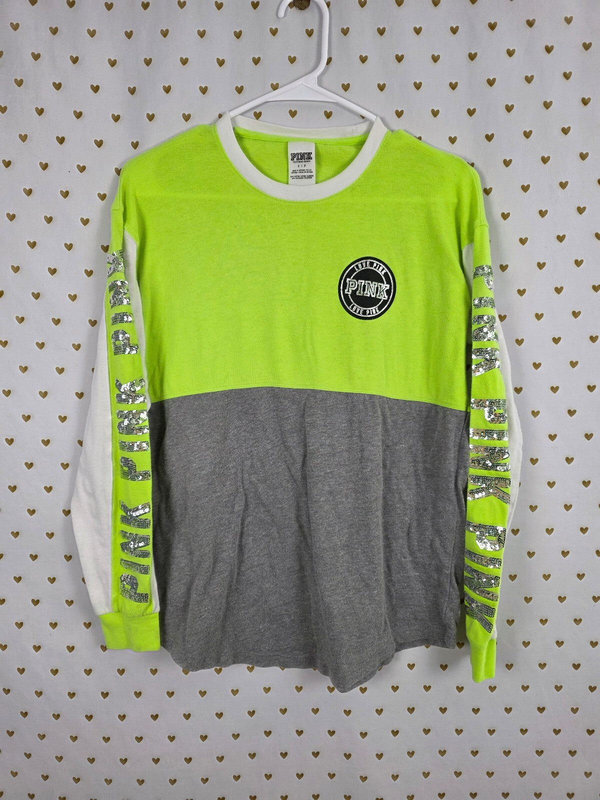 Victorias Secret PINK Neon Bling Sequined Colorblock Long sleeve tee shirt Small